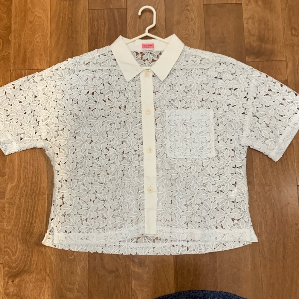 Kate Spade Crisp White lace button up top
